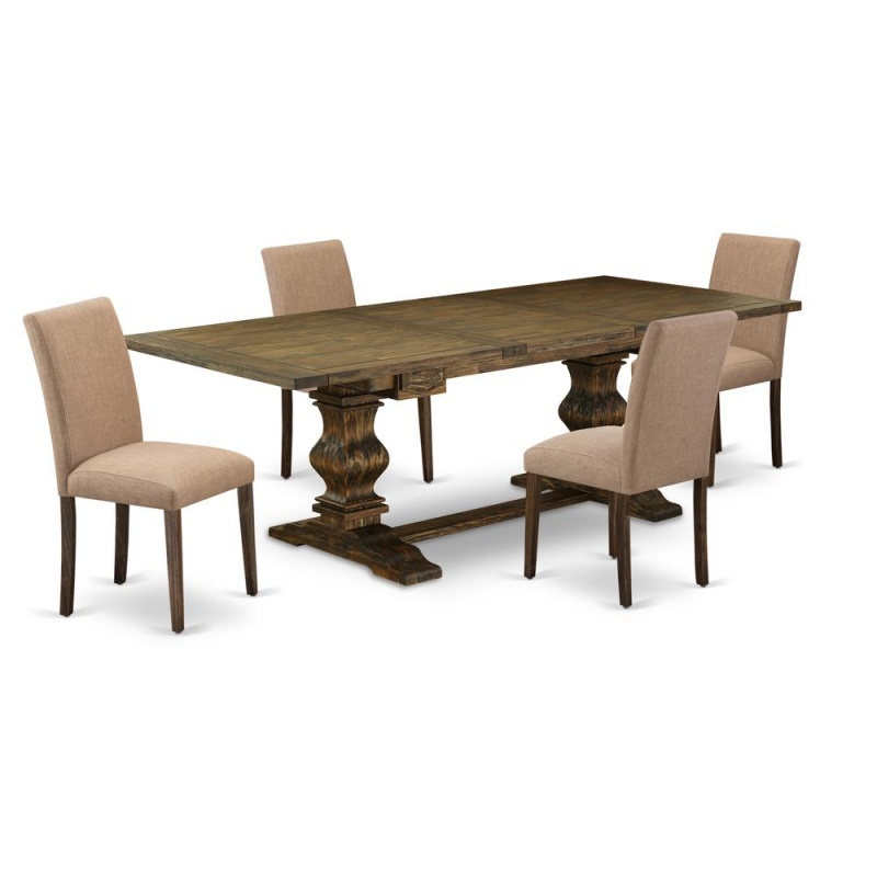 East West Furniture Laab5-77-47 5Pc Kitchen Table Sets Consists Of A Wood Dining Table And 4 Parson Chairs With Light Sable Color Linen Fabric, Medium Size Table With Full Back Chairs, Distressed Jaco