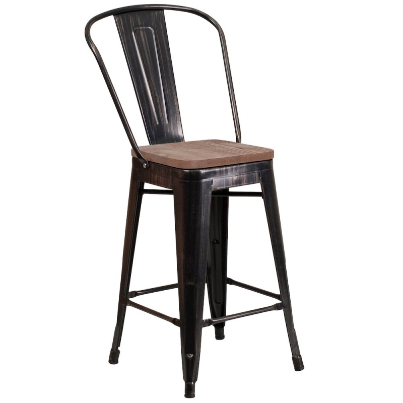 24" High Black-Antique Gold Metal Counter Height Stool With Back And Wood Seat