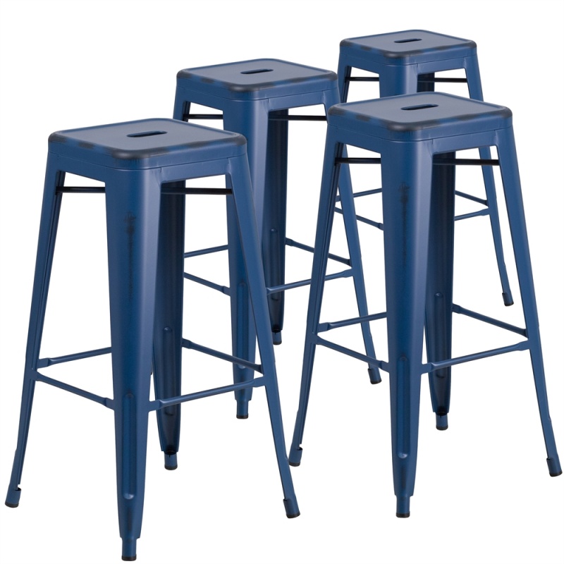 4 Pk. 30'' High Backless Distressed Antique Blue Metal Indoor-Outdoor Barstool