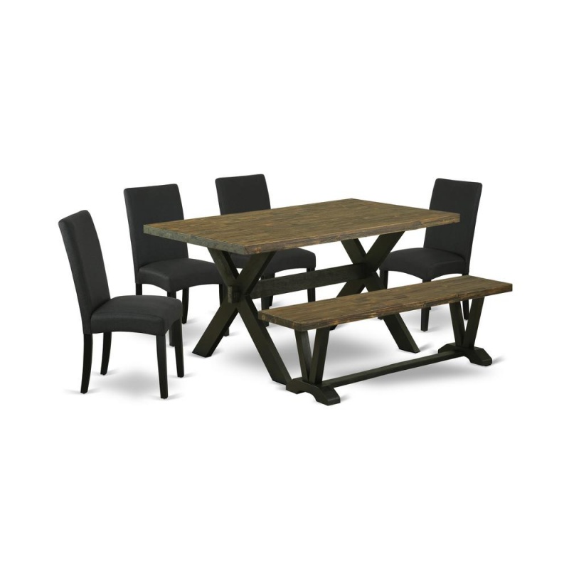 East West Furniture X676dr124-6 6-Piece Dining Table Set- 4 Kitchen Chairs With Black Linen Fabric Seat And Stylish Chair Back - Rectangular Top & Wooden Cross Legs Wood Kitchen Table And Wood Bench -
