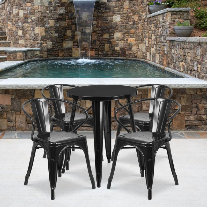 24'' Round Black Metal Indoor-Outdoor Table Set With 4 Arm Chairs