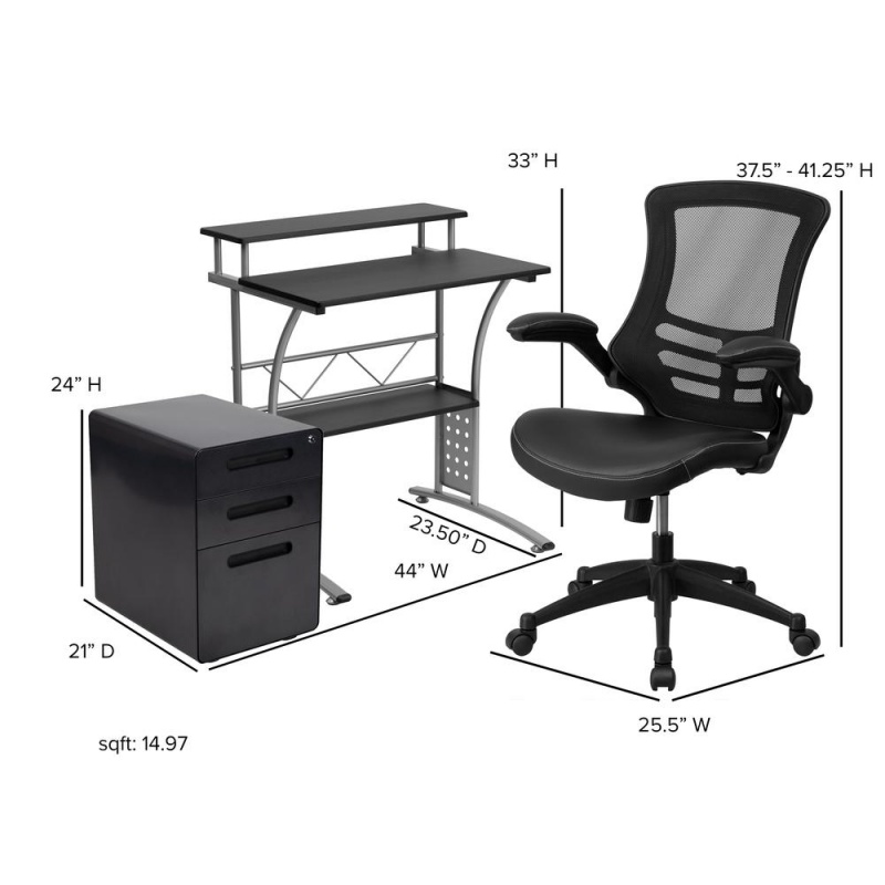 Work From Home Kit - Black Computer Desk, Ergonomic Mesh/Leathersoft Office Chair And Locking Mobile Filing Cabinet