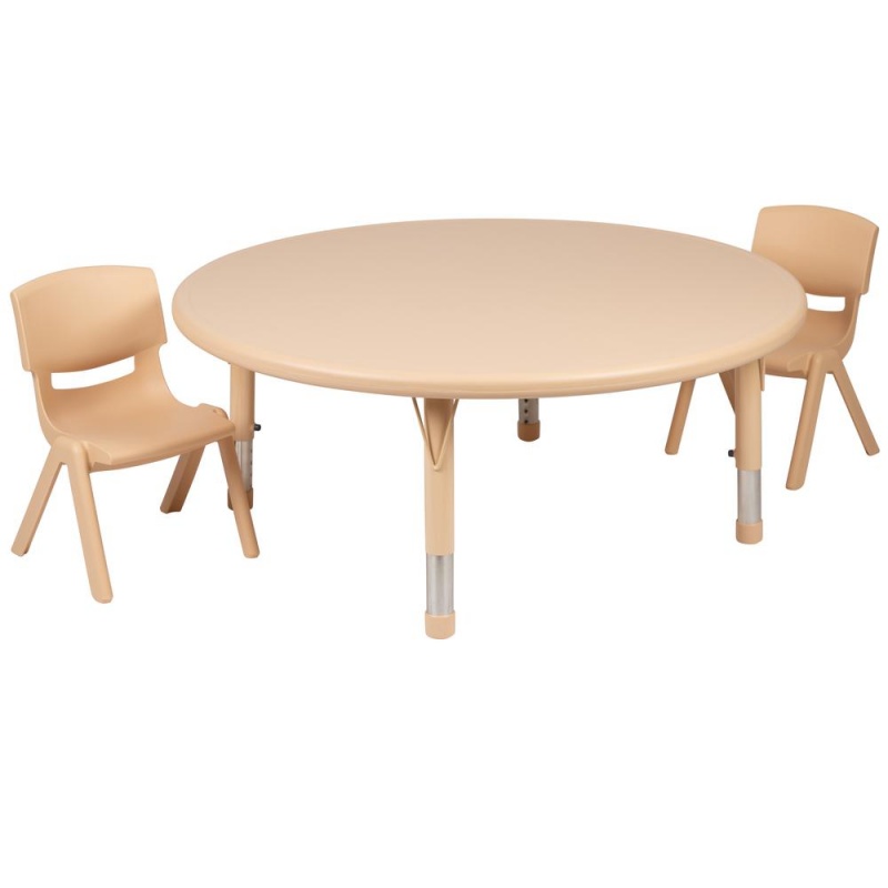 45" Round Natural Plastic Height Adjustable Activity Table Set With 2 Chairs