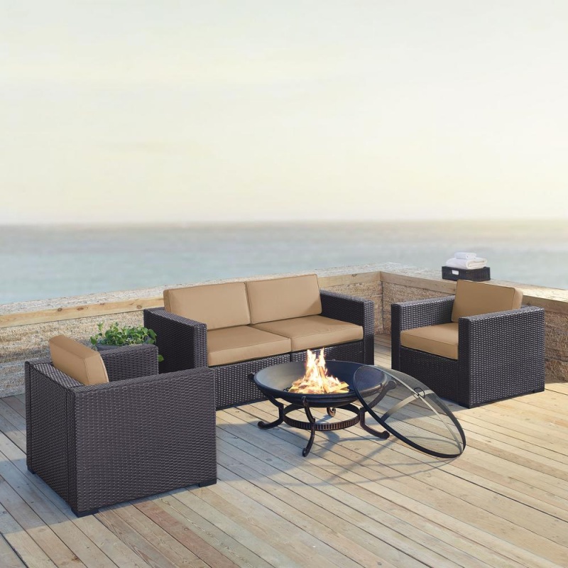 Biscayne 5Pc Outdoor Wicker Sectional Set W/Fire Pit Mocha/Brown - 2 Armchairs, 2 Corner Chair, Ashland Firepit