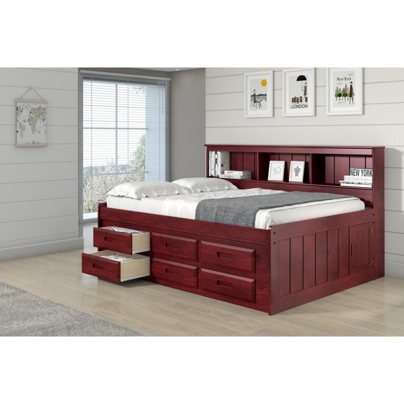 Full Daybed Bookcase Captains Bed With 6 Drawer Under Bed Storage In Merlot Finish