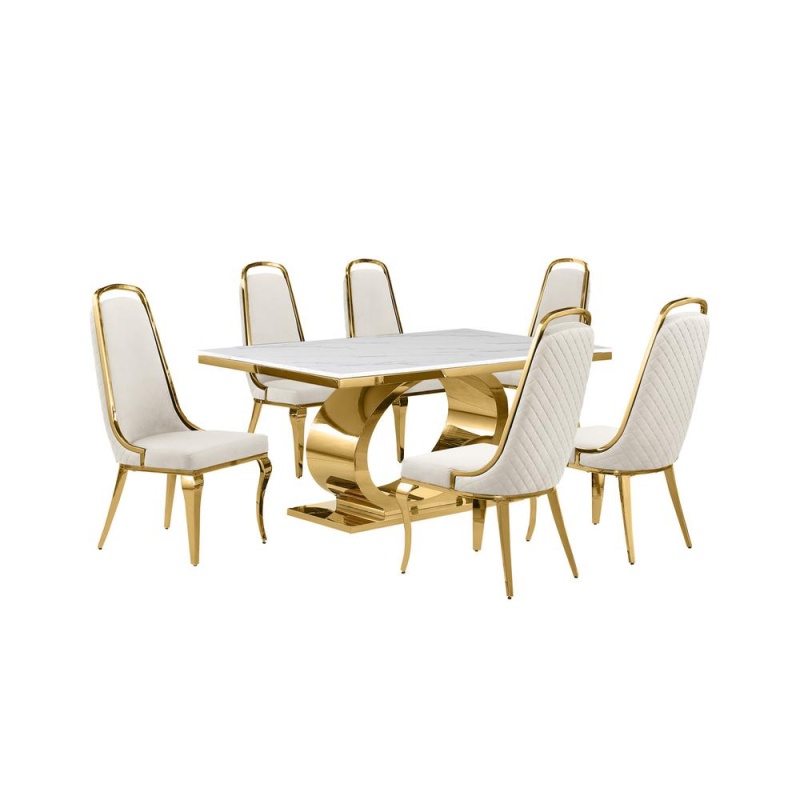 7Pc Small(68") Marble Top Dining Set With Gold Base And 6 Cream Side Chairs