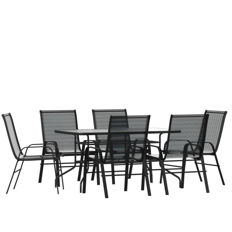 7 Piece Set - 55" Tempered Glass Patio Table, 6 Black Stack Chairs