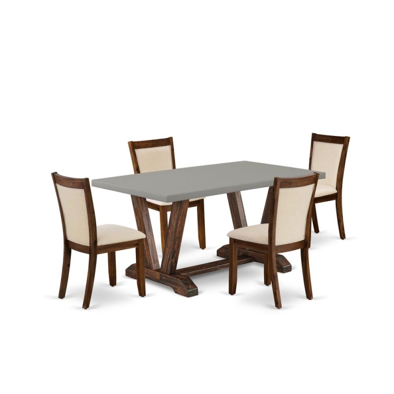 East West Furniture 5-Pc Modern Dining Set Consists Of A Mid Century Table And 4 Light Beige Linen Fabric Parsons Chairs With Stylish Back - Distressed Jacobean Finish