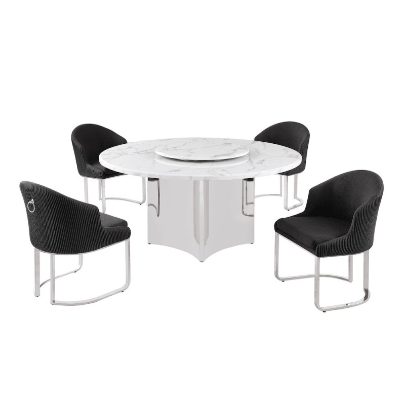 5Pc Circle Marble Top With Lazy Susan And 4 Black With Silver Chairs
