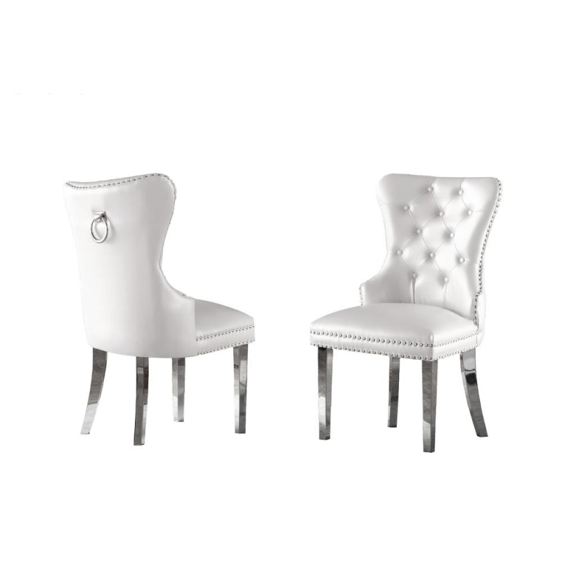 White Faux Leather Tufted Dining Side Chairs, Stainless Steel Legs - Set Of 2