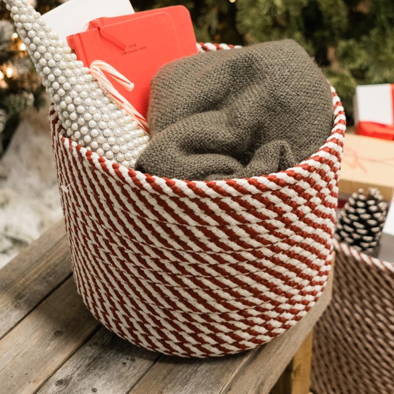 Twisted Christmas Woven Basket - Red/White 12"X12"x10"