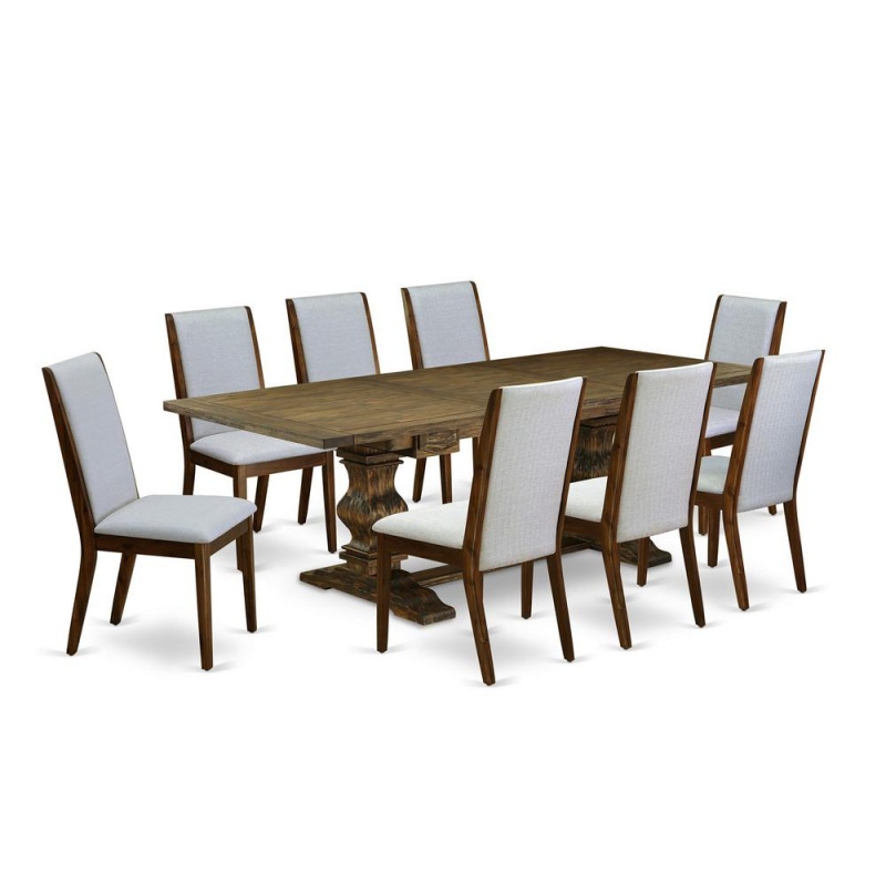 9 Piece Dining Set Includes A Rectangle Dining Room Table With Removable Leaf And 8 Grey Linen Fabric Upholstered Chairs, 42X92 Inch, Jacobean