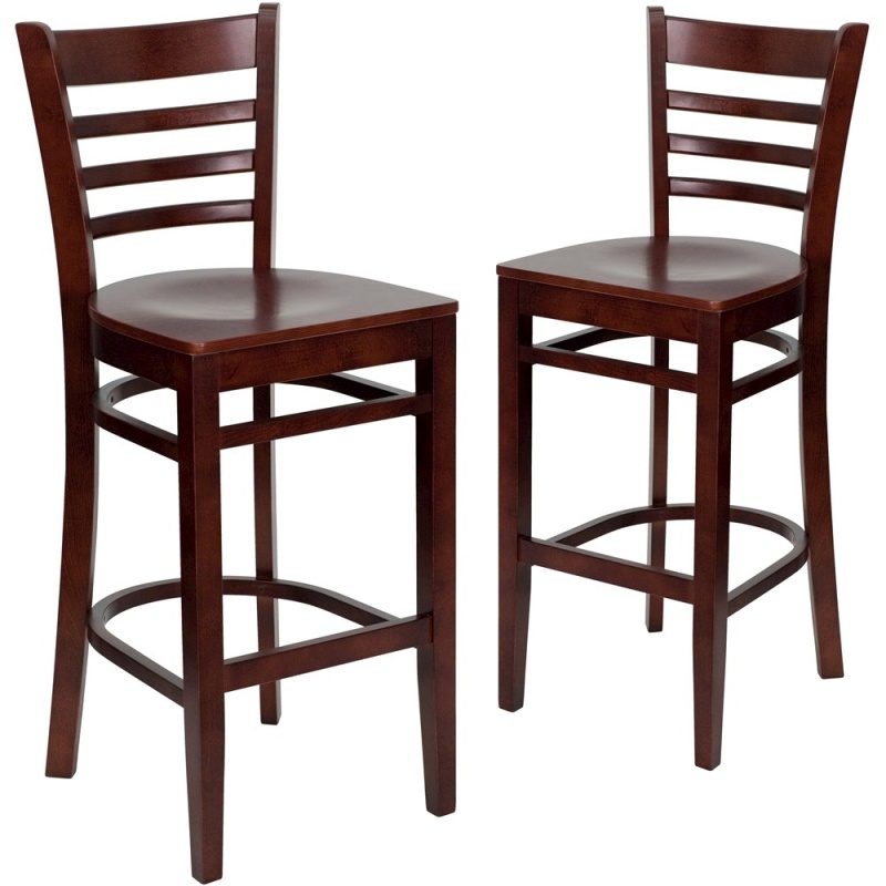 2 Pk. Hercules Series Mahogany Finished Ladder Back Wooden Restaurant Barstool
