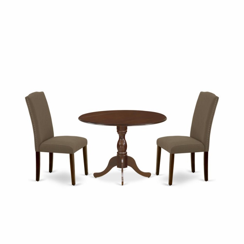 East West Furniture Dmen3-Mah-18 3 Piece Dining Room Set Includes 1 Drop Leaves Dining Table And 2 Dark Coffee Linen Fabric Upholstered Chair High Back With Nail Heads - Mahogany Finish
