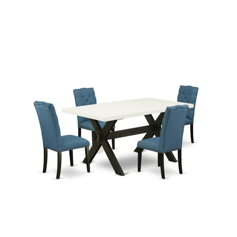 East West Furniture X626el121-5 5-Piece Awesome Dinette Set A Good Linen White Wood Dining Table Top And 4 Amazing Linen Fabric Kitchen Chairs With Nail Heads And Button Tufted Chair Back, Wire Brushe