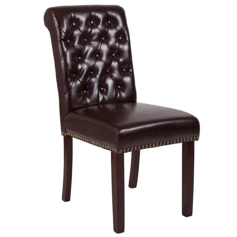 Brown Parsons Chair With Rolled Back, Accent Nail Trim And Walnut Finish