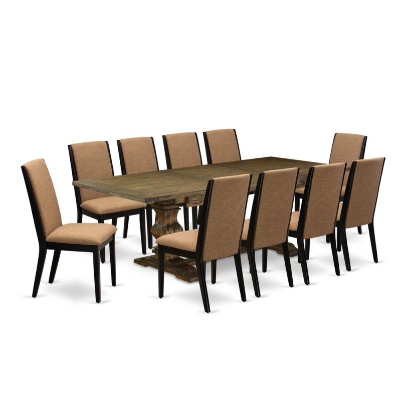East West Furniture 11-Piece Dinner Table Set Consists Of A Wooden Dining Table And 10 Light Sable Linen Fabric Dining Chairs With High Back - Distressed Jacobean Finish