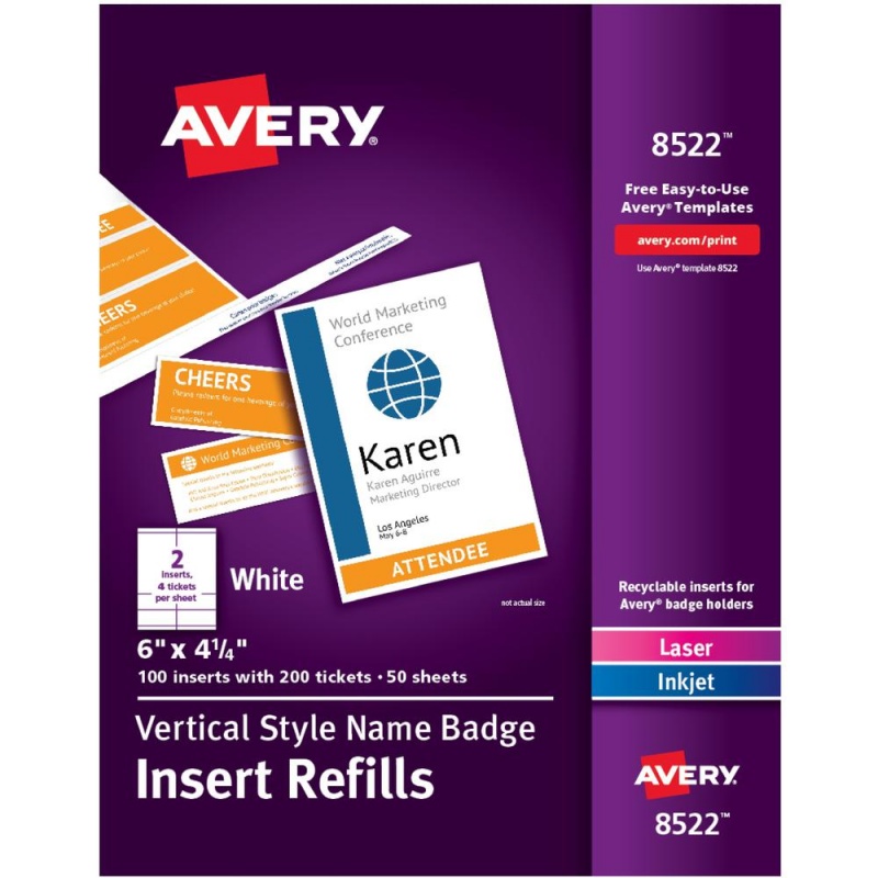 Avery® Vertical Name Badge & Ticket Inserts - 1 / Box - 4.3" Width - Rectangular Shape - Printable, Insertable, Printable, Easy To Use, Laminated, Micro Perforated, Recyclable - White