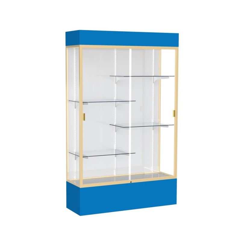 Spirit 48"W X 80"H X 16"D Lighted Floor Case, White Back, Champagne Finish, Royal Blue Base And Top