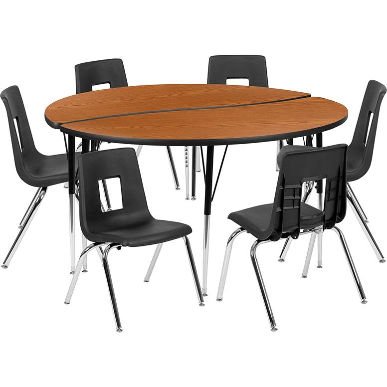 60" Circle Wave Activity Table Set With 16" Student Stack Chairs, Oak/Black