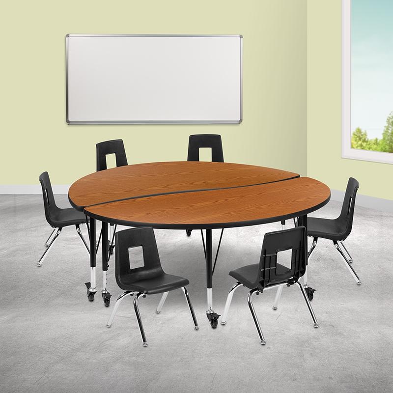 Mobile 60" Circle Wave Collaborative Laminate Activity Table Set With 14" Student Stack Chairs, Oak/Black