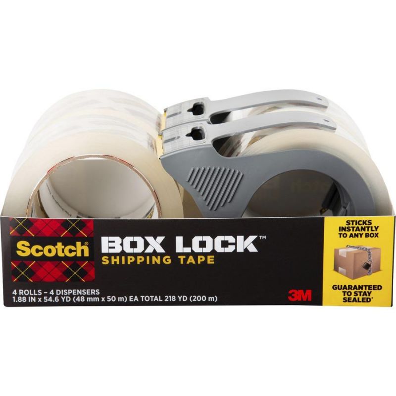 Scotch Box Lock Dispenser Packaging Tape - 55 Yd Length X 1.88" Width - Dispenser Included - 4 / Pack - Clear