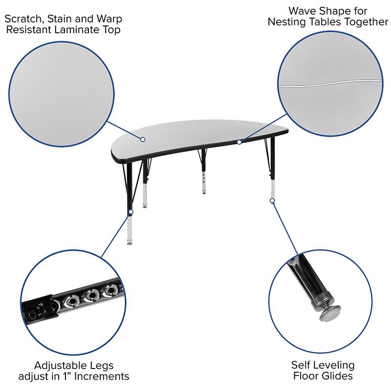 47.5" Half Circle Wave Collaborative Grey Thermal Laminate Activity Table - Height Adjustable Short Legs
