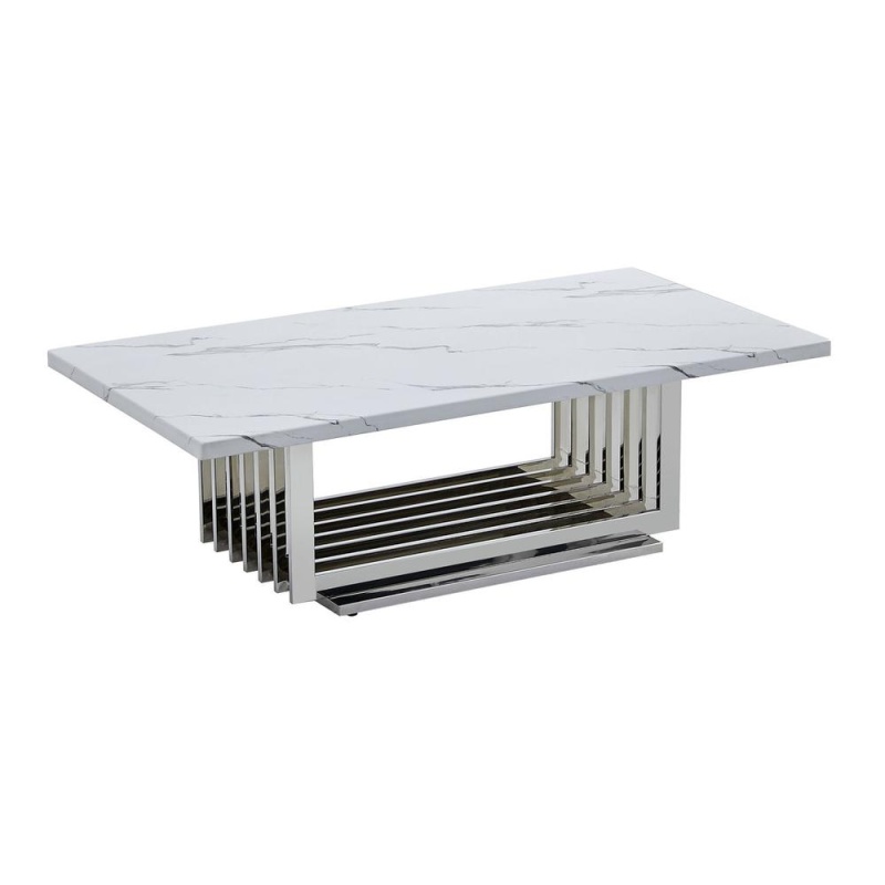 White Marble Top Coffee Table With A Silver Color Stainless Steel Base