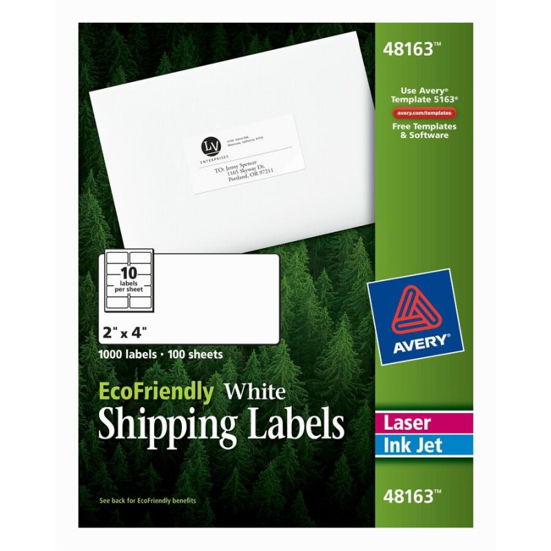 Avery® Ecofriendly Shipping Labels, Permanent Adhesive, 2" X 4" , 1,000 Labels (48163) - 2" Width X 4" Length - Permanent Adhesive - Rectangle - Laser, Inkjet - White - Paper - 10 / Sheet - 100 To