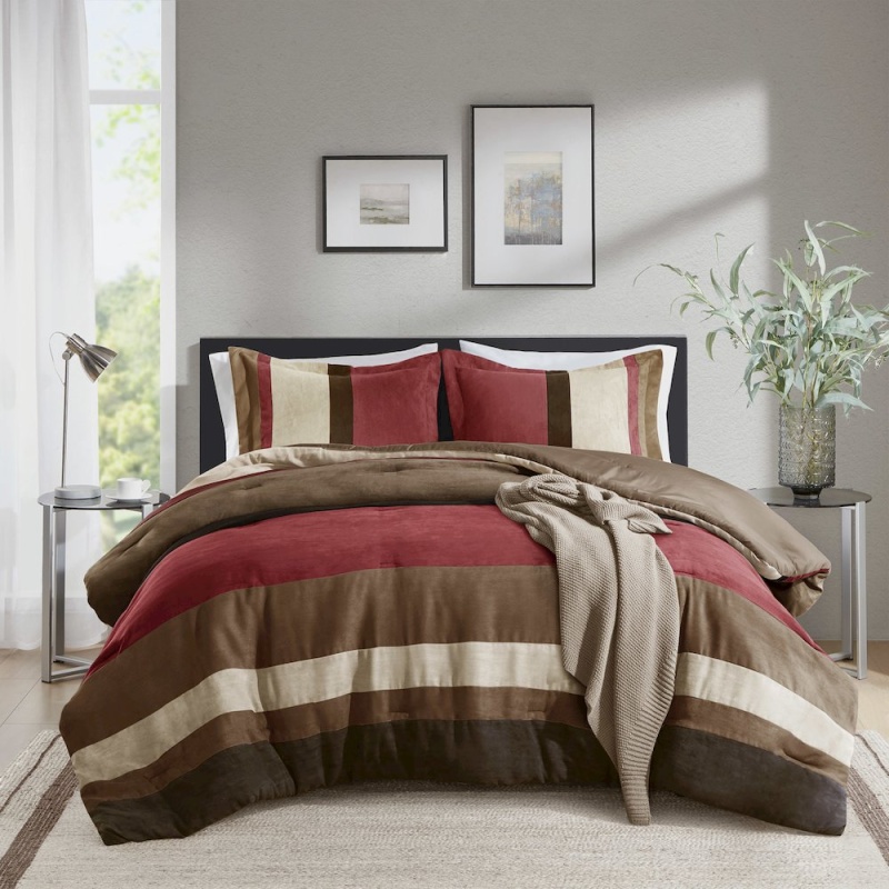 Boulder Stripe Pieced Faux Suede Comforter Set, Brick Color