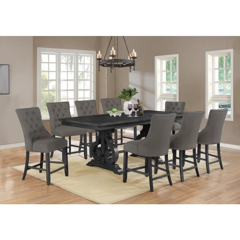 9Pc Counter Height Extendable Dining Set, Table W/Center 18" Leaf - Dark Grey