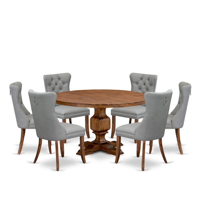 7-Pc Dining Set with Mid Century Table and 6 Light Gray Upholstered Chairs