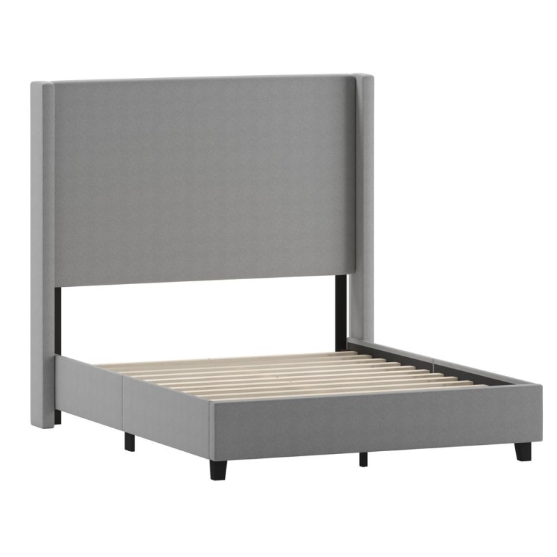 Quinn Full Upholstered Platform Bed With Channel Stitched Wingback Headboard, Mattress Foundation With Slatted Supports, No Box Spring Needed, Gray