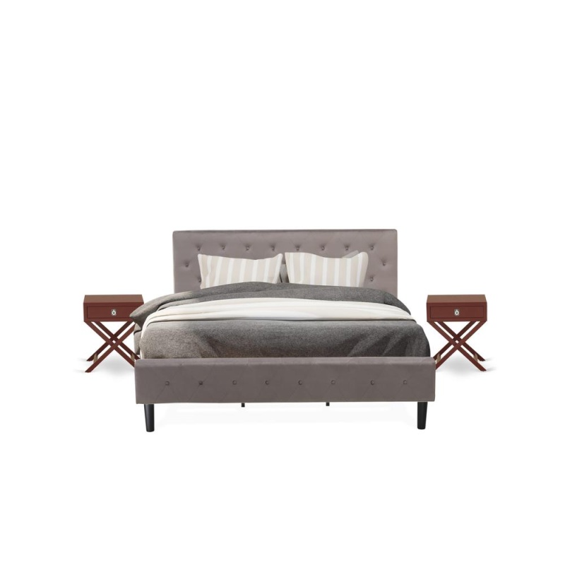 Nl14k-2Ha13 3 Pc Bedroom Set - 1 King Bed Brown Taupe Velvet Fabric Headboard And 2 Night Stands - Burgundy Finish Nightstand