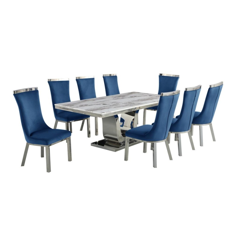 9Pc Dining Set- Rectangle Marble Table With A U Shape Silver Base And 8 Navy Blue Side Chairs