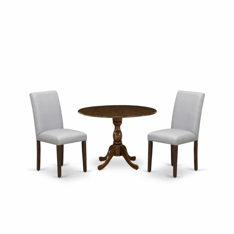 East West Furniture Dmab3-Awa-05 3 Piece Kitchen Table Set Includes 1 Drop Leaves Wood Table And 2 Grey Linen Fabric Parson Dining Room Chairs With High Back - Acacia Walnut Finish
