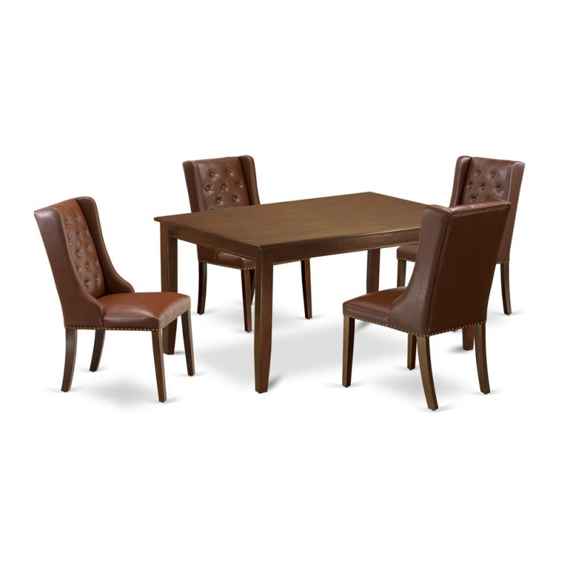 East West Furniture Dufo5-Mah-46 5-Piece Dinette Set Includes 1 Kitchen Dining Table And 4 Brown Linen Fabric Dining Chair With Button Tufted Back - Mahogany Finish