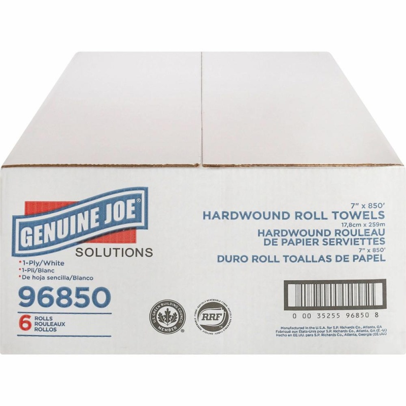 Genuine Joe Solutions Hardwound Paper Towels - 1 Ply - 7" X 850 Ft - White - Virgin Fiber - Soft, Embossed, Absorbent, Eco-Friendly, Strong - 6 / Carton