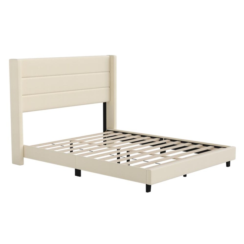 Hollis Queen Upholstered Platform Bed With Wingback Headboard, Mattress Foundation With Slatted Supports, No Box Spring Needed, Beige Faux Linen
