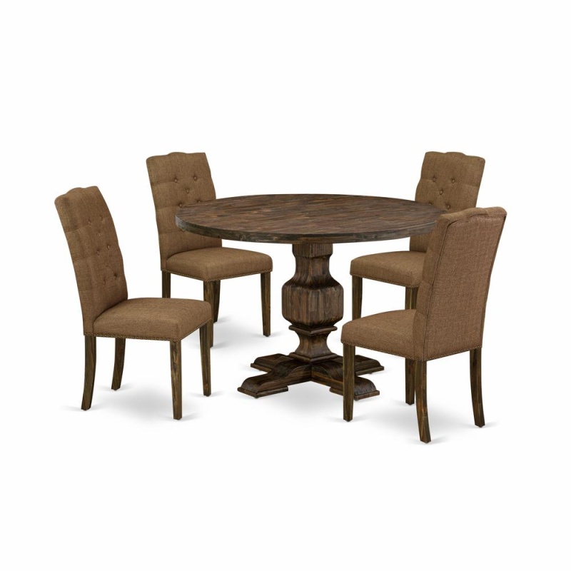East West Furniture 5 Piece Modern Dining Set Consists Of A Kitchen Table And 4 Brown Linen Fabric Parson Chairs With Button Tufted Back - Distressed Jacobean Finish