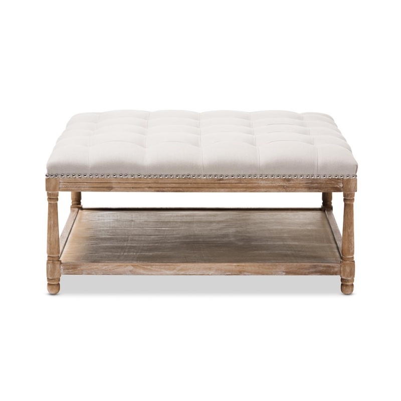 Carlotta Country Weathered Oak Linen Square Coffee Table Ottoman