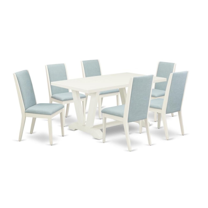 East West Furniture V026la015-7 7Pc Wood Dining Table Set Contains A Wood Table And 6 Parsons Dining Room Chairs With Baby Blue Color Linen Fabric, Medium Size Table With Full Back Chairs, Wirebrushed