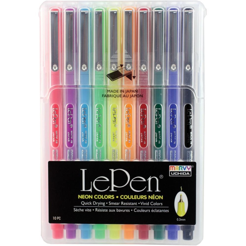 Marvy Lepen Fineliner Pen Set - Micro Fine Pen Point - 0.3 Mm Pen Point Size - Fluorescent Pink, Fluorescent Blue, Fluorescent Green, Fluorescent Yellow, Fluorescent Violet, Fluorescent Orange, Black,