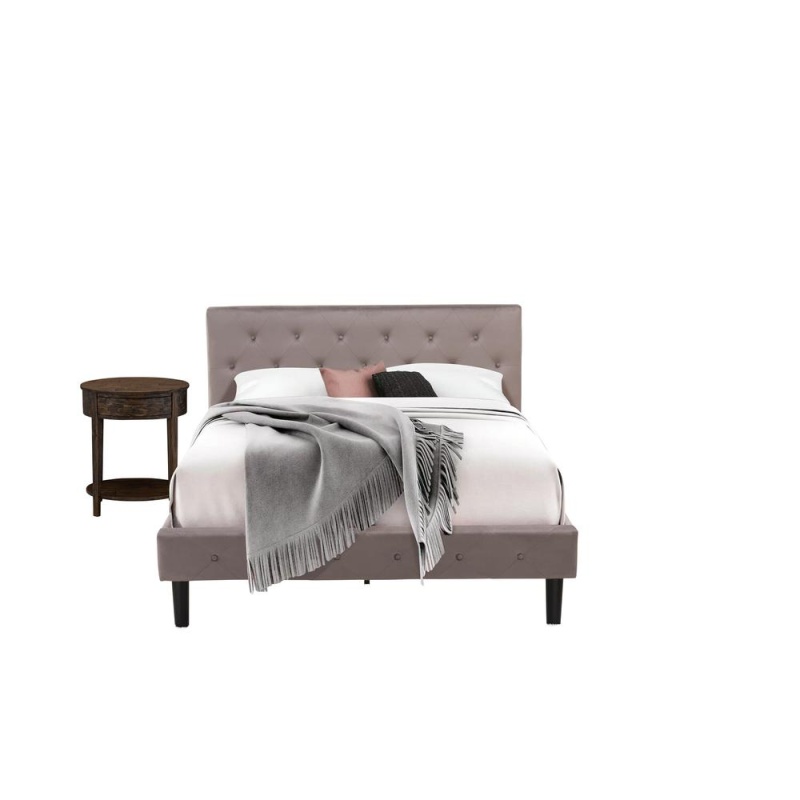 Nl14q-1Hi07 2 Piece Bed Set - 1 Bed Brown Taupe Velvet Fabric Headboard And 1 Night Stand - Distressed Jacobean Finish Nightstand
