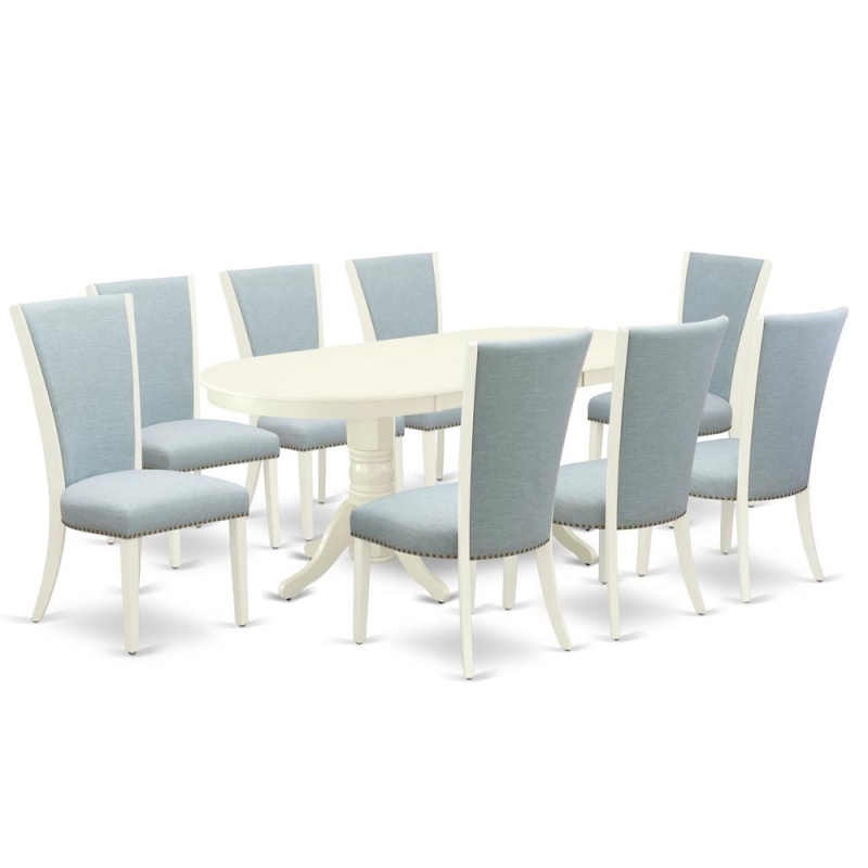 East-West Furniture Vave9-Lwh-15 - A Wooden Dining Table Set Of 8 Amazing Dining Room Chairs With Linen Fabric Baby Blue Color And A Gorgeous Double Pedestal 17 Butterfly Leaf Oval Kitchen Table With"