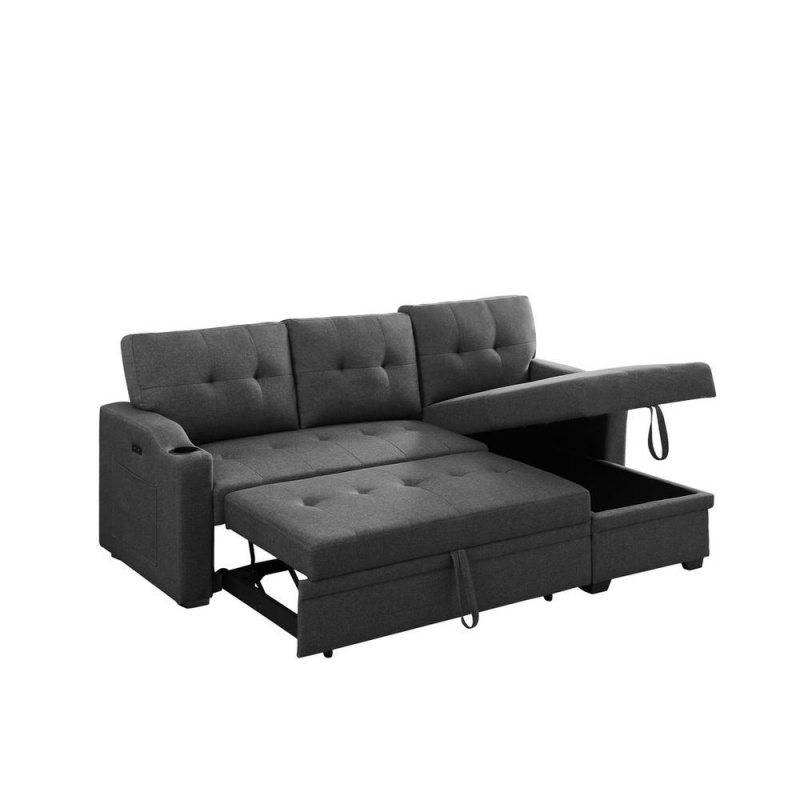 Mabel Dark Gray Linen Fabric Sleeper Sectional With Cupholder, Usb Charging Port And Pocket