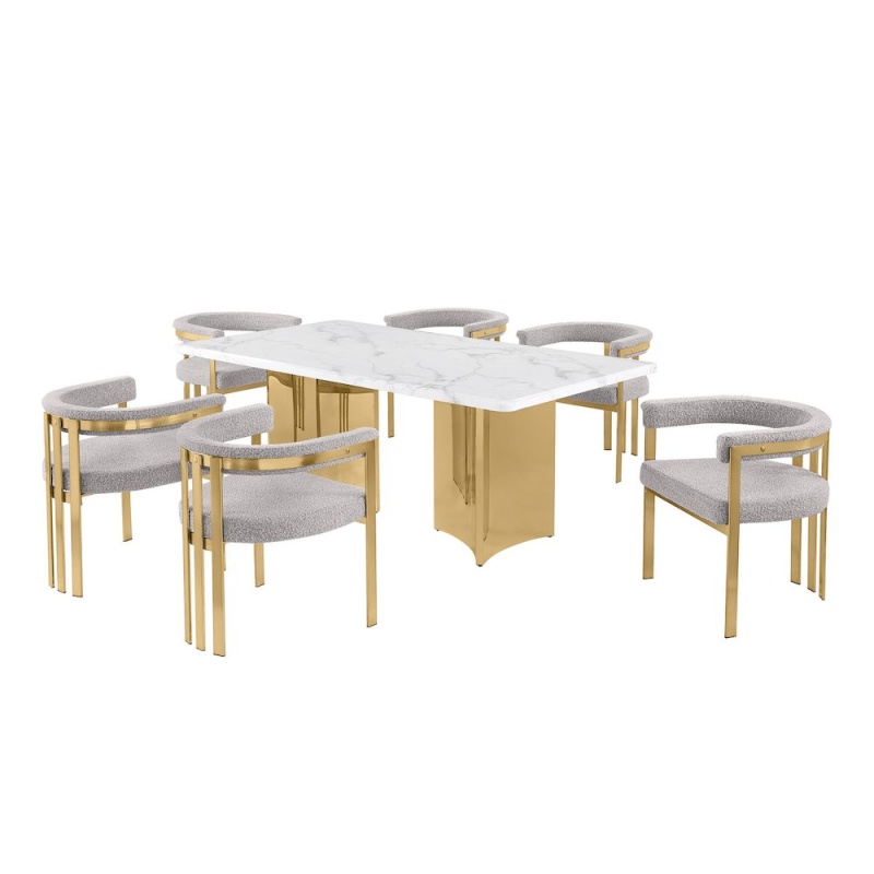 7-Piece White Marble Dining Set with 6 Chairs
