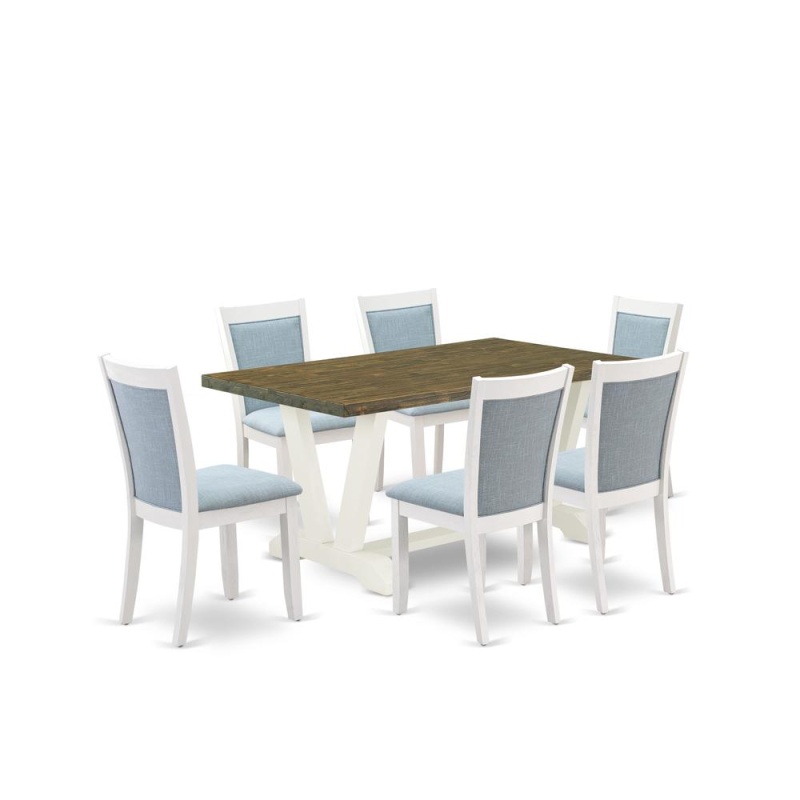 7-Piece Wooden Table Set with 6 Baby Blue Dining Chairs – Wire-Brushed Linen White Finish