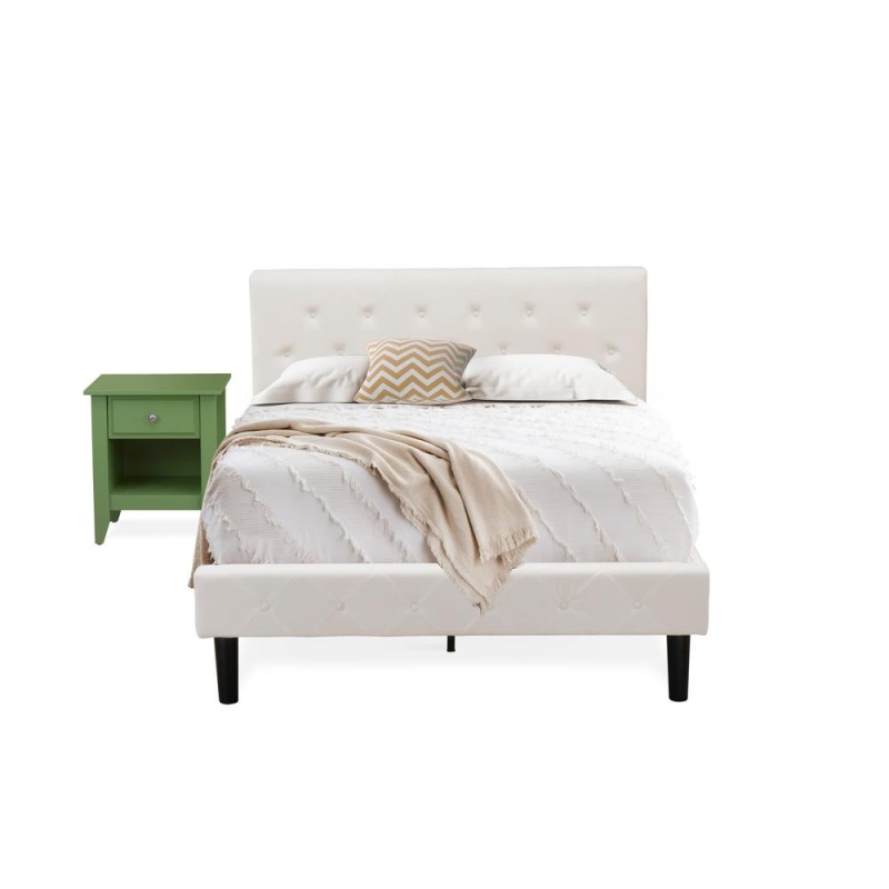 2 Pc Full Bed Set with White Velvet Headboard and Nightstand