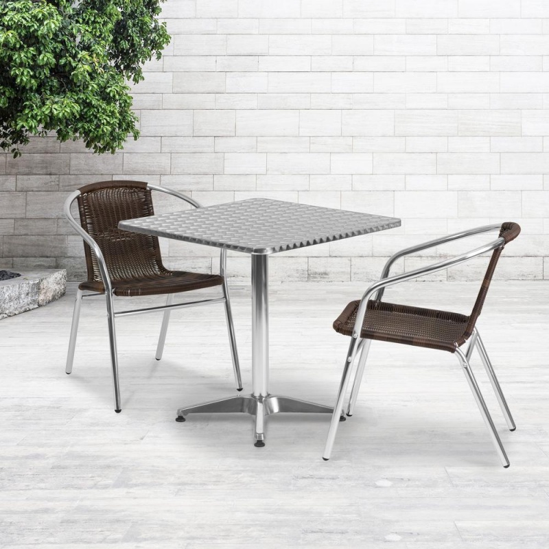 27.5'' Square Aluminum Indoor-Outdoor Table Set With 2 Dark Brown Rattan Chairs